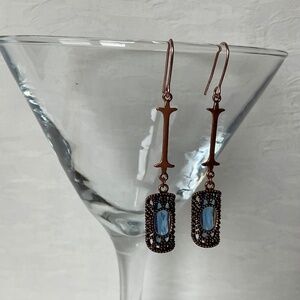 Copper Tone Drop Earrings Pierced with Blue Gemstone